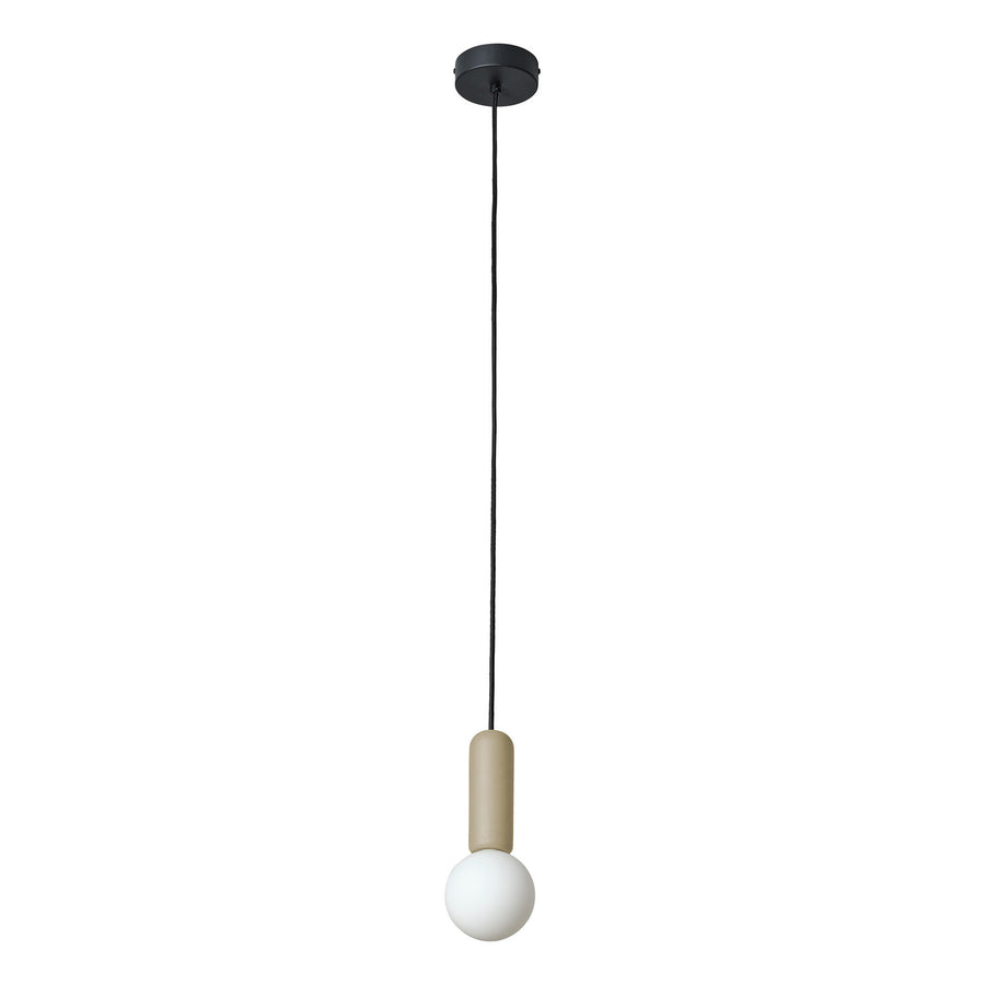 Suspension beige sur fond blanc, cordon noir et rosace de plafond visible.