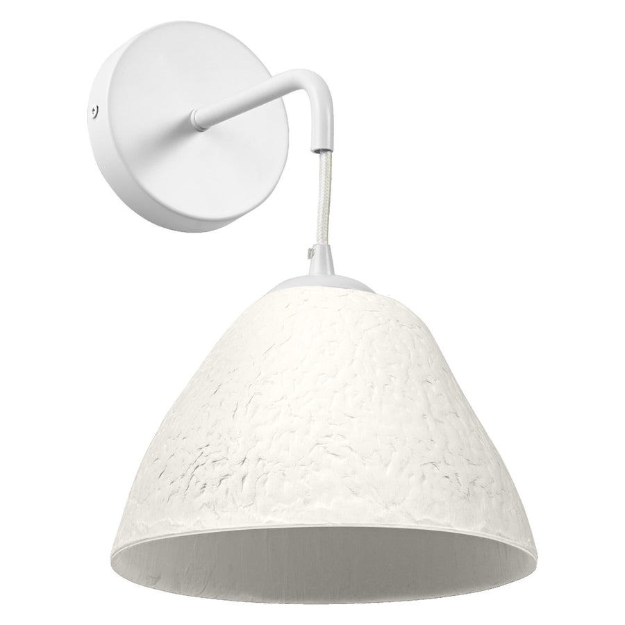 Applique murale blanche de face, bras coudé et abat-jour en cloche