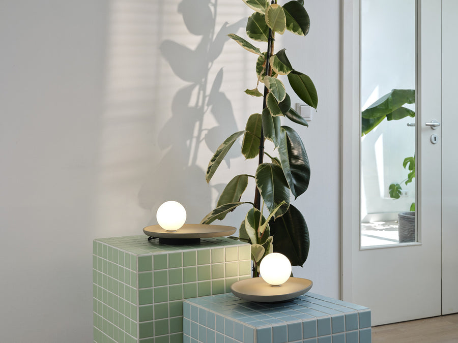 Deux lampes à poser allumées sur cubes carrelés verts, près d'une grande plante.