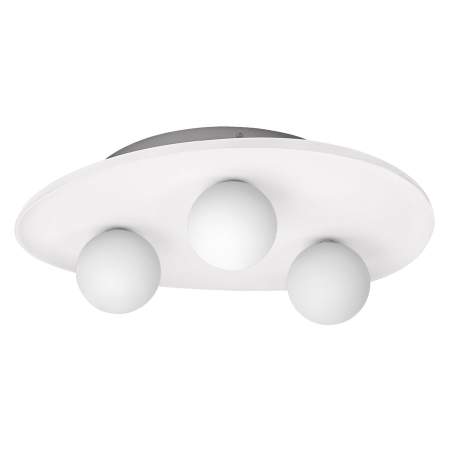 Luminaire blanc de face avec trois globes opalins sous un plateau ovale
