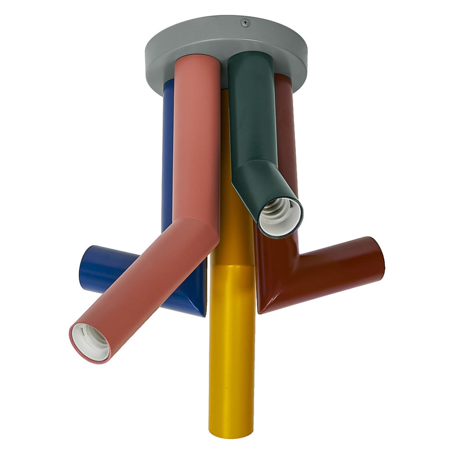 Vue rapprochée du plafonnier multicolore et de ses cinq douilles E27 orientables.