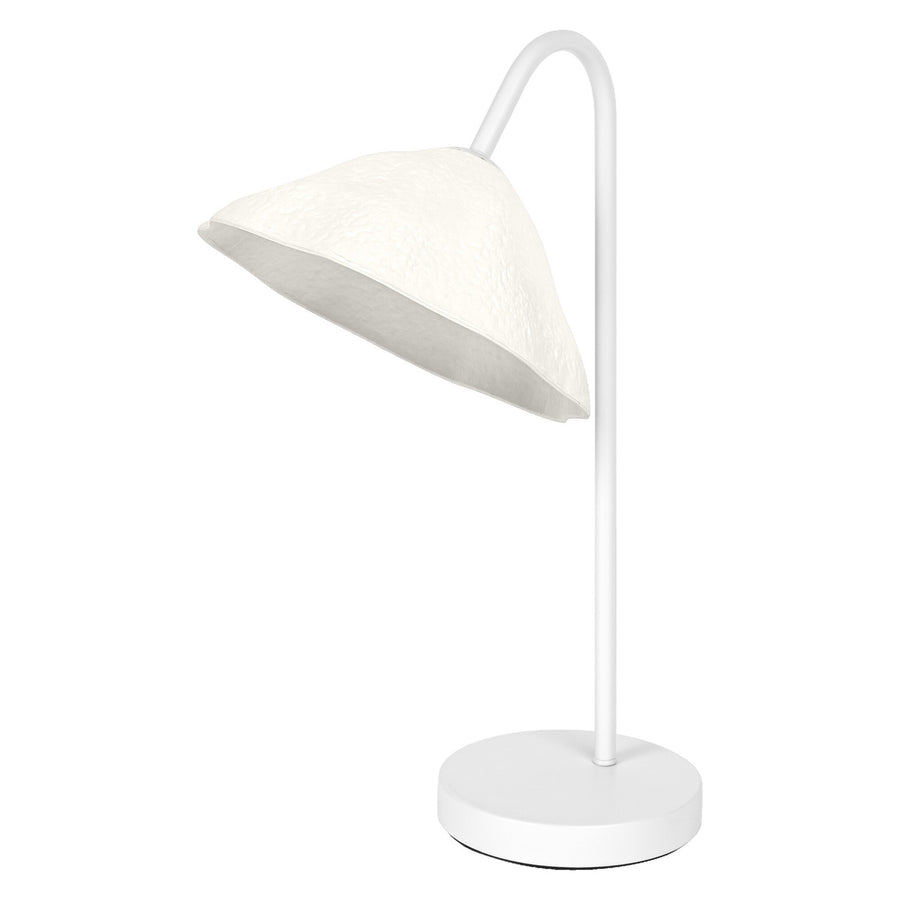 Lampe à poser blanche vue de profil sur fond neutre, abat-jour en forme de feuille.