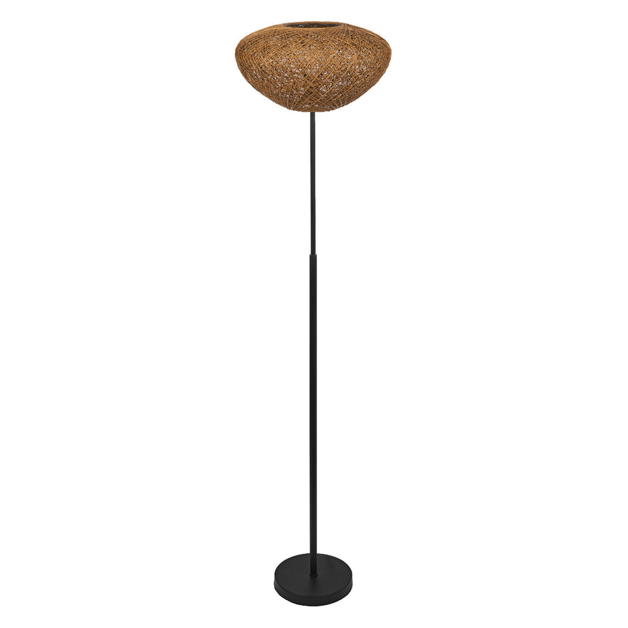 Lampadaire sur fond blanc, vue de face avec abat-jour tissé ovale et pied noir.