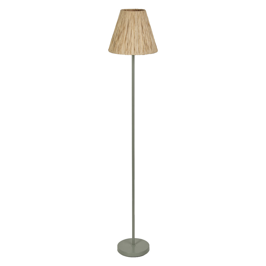 Lampadaire entier sur fond blanc, abat-jour conique en raphia et pied vert