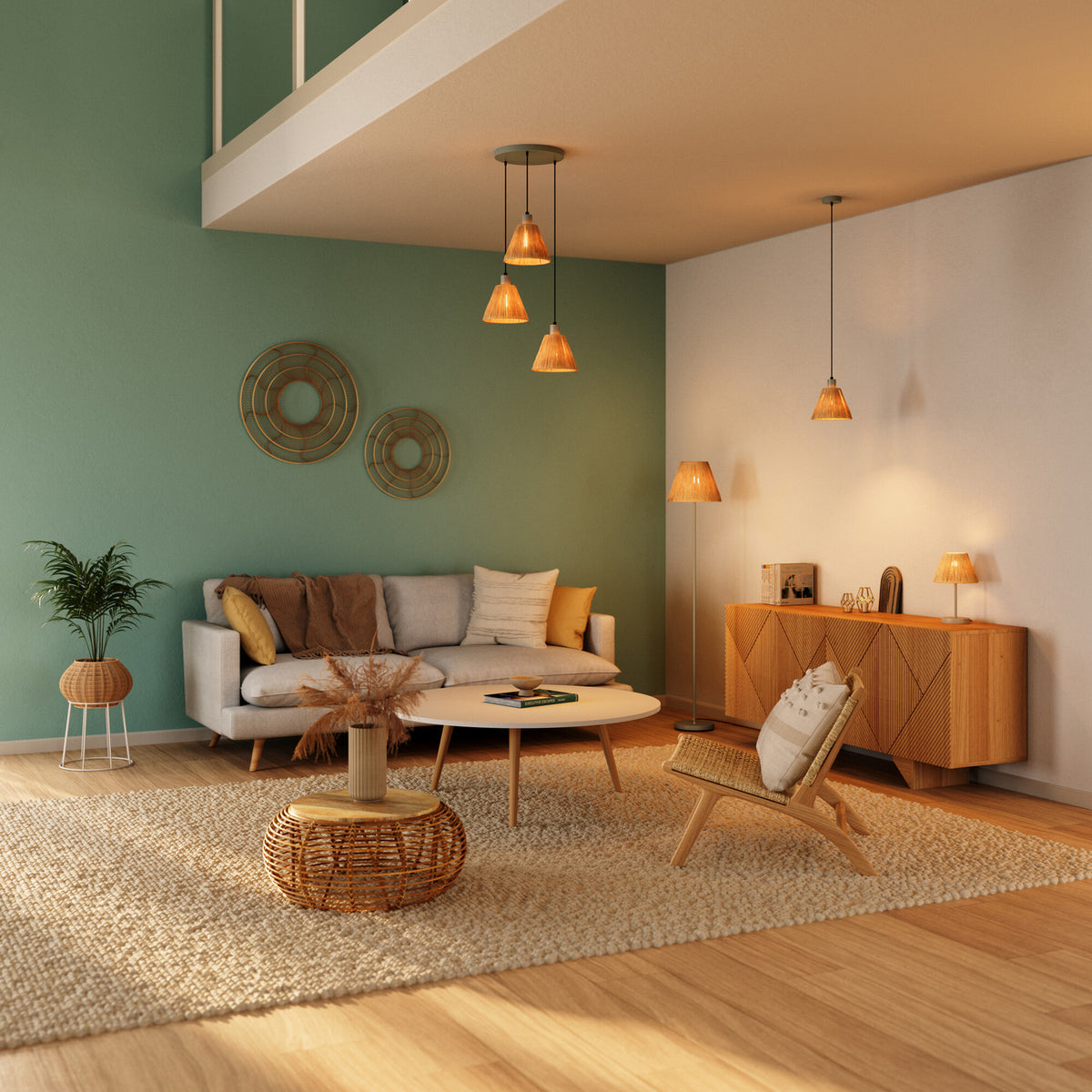 Salon vert meublé avec suspensions en raphia et lampe sur le buffet en bois.