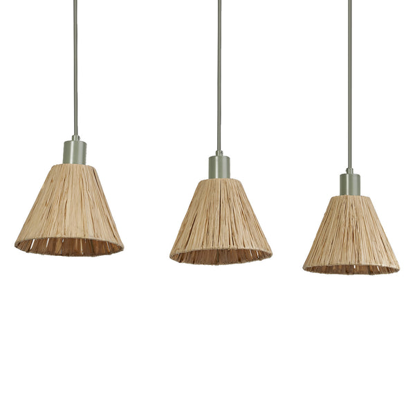 Suspension Raffia verte et marron, 3 lumières, linéaire