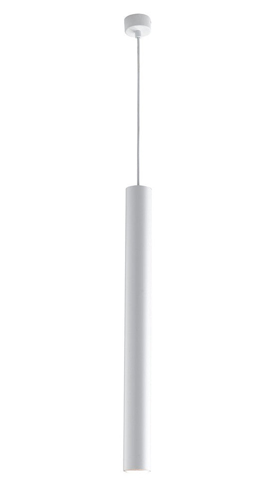 Vue rapprochée du luminaire blanc suspendu, cylindre allongé et câble fin
