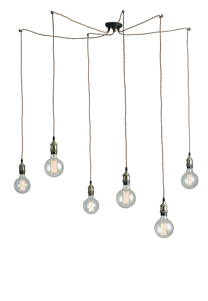 Vue de trois quarts du luminaire isolé sur fond blanc, câbles tendus vers le plafond