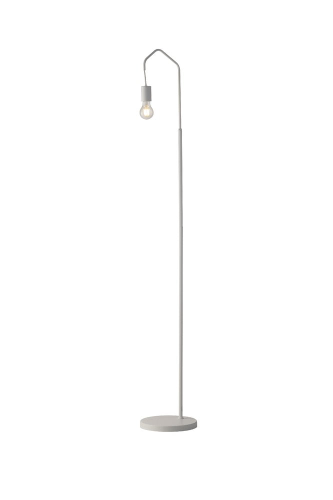 Luminaire blanc photographié de face, douille et ampoule bien visibles