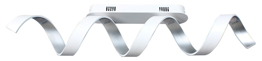Vue de face du luminaire déployant une longue bande ondulée blanc et argent.