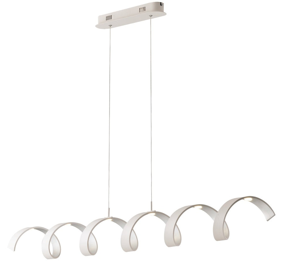 Vue de face du luminaire suspendu, long ruban ondulé blanc et argenté