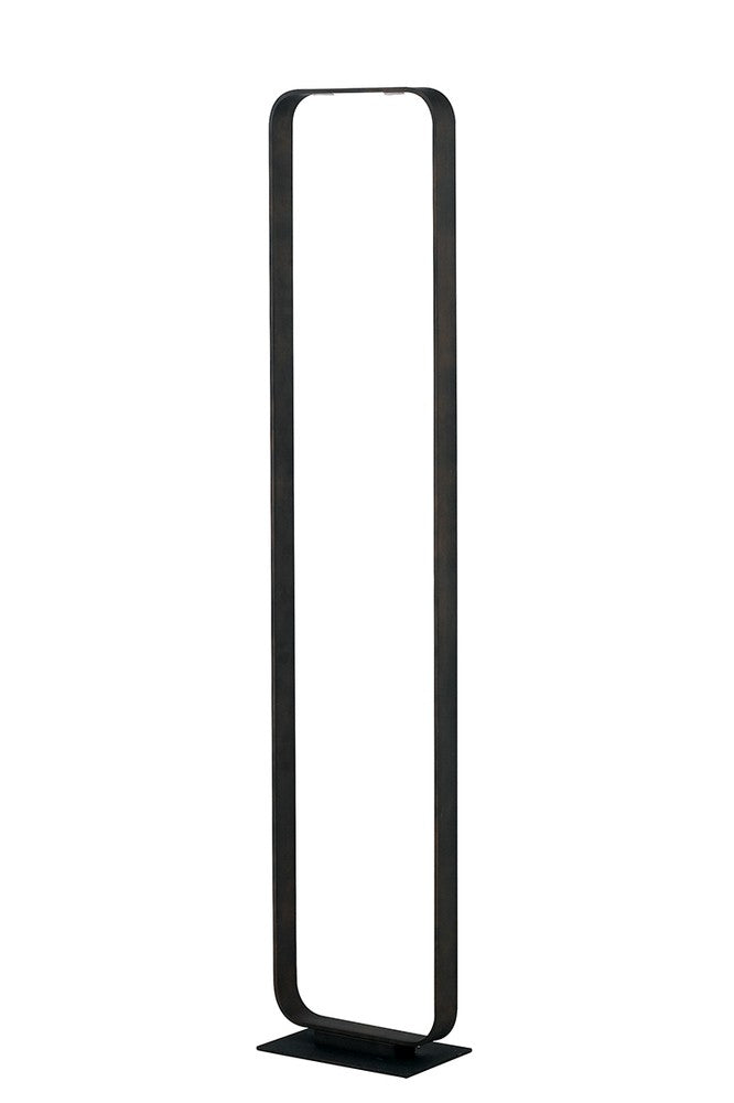 Vue de trois quarts du lampadaire sombre, montrant sa base carrée et son cadre arrondi