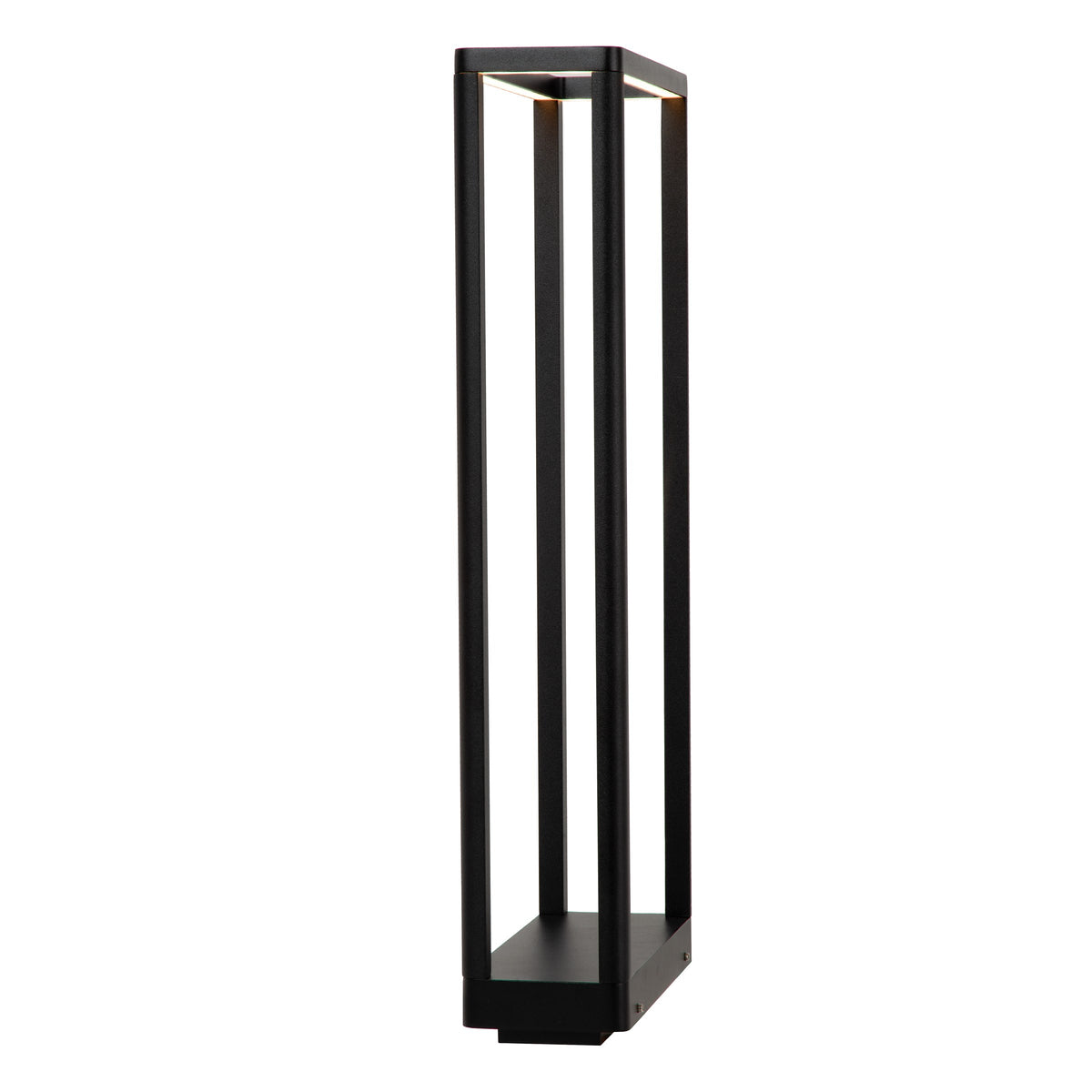Vue de profil du luminaire noir, diffuseur allumé en partie haute