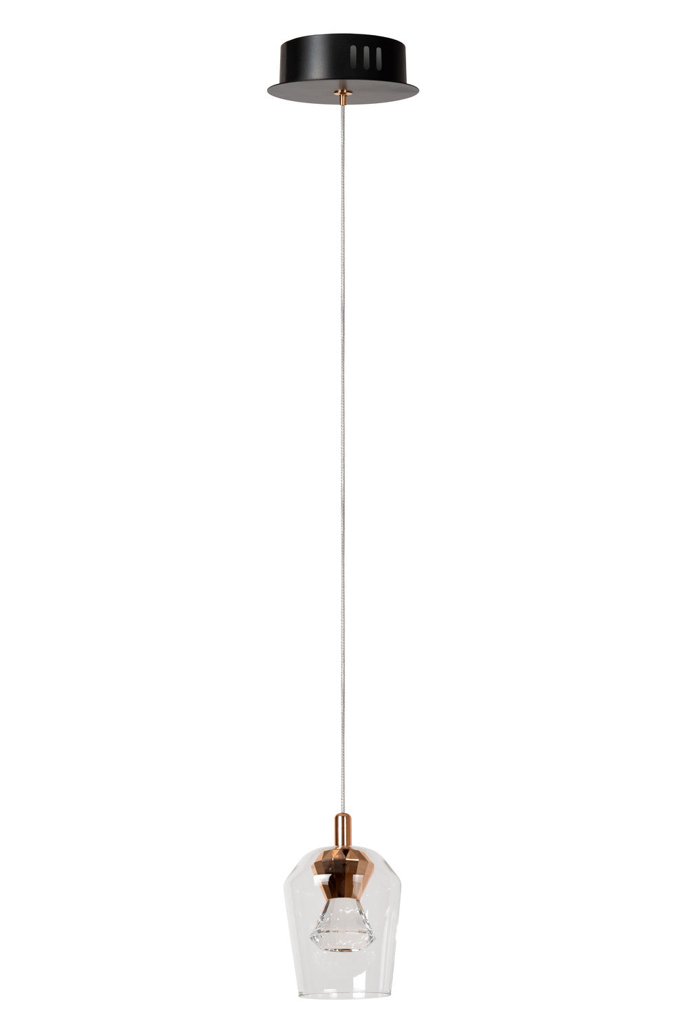 Vue en pied de la suspension avec rosace, câble et diffuseur en verre.
