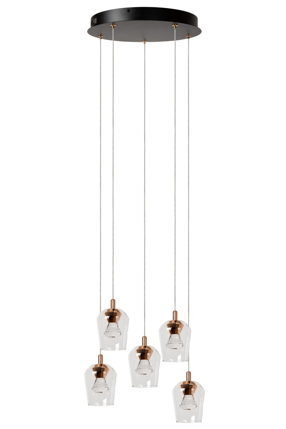 Vue de face de la suspension complète, cinq luminaires en verre clair et finitions cuivrées