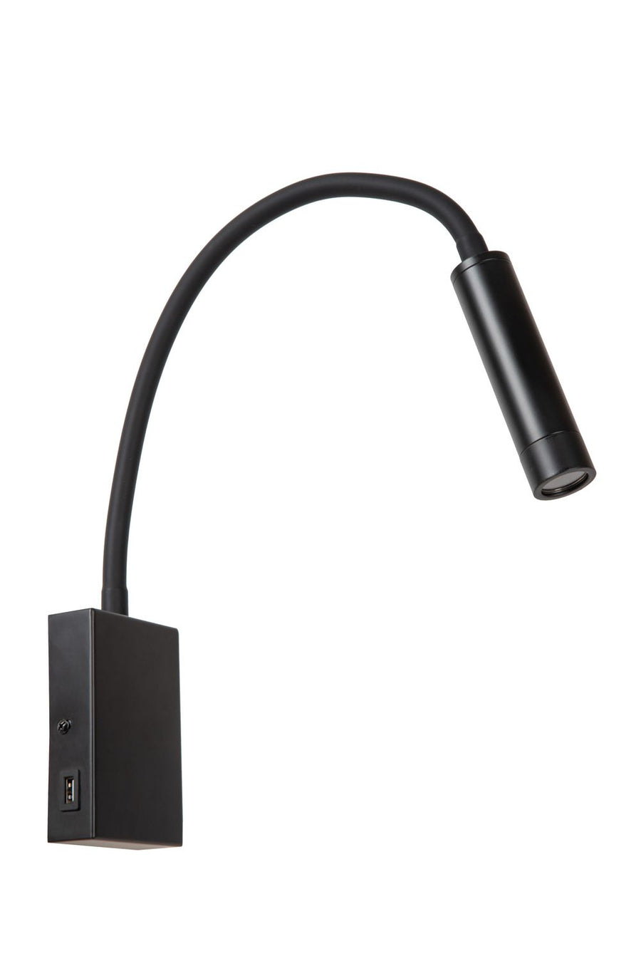 Luminaire éteint vu de biais, tête cylindrique noire mate sur fond blanc