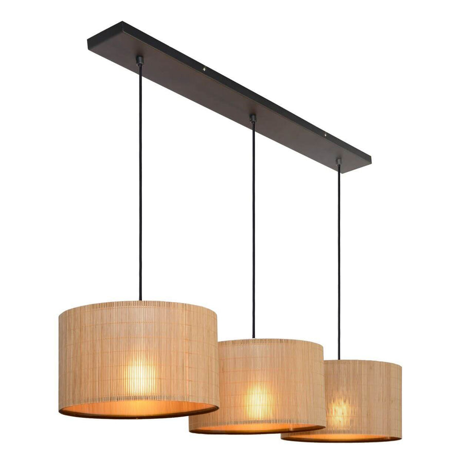 Suspension Magius 3 lumières bois clair et noire, rotin