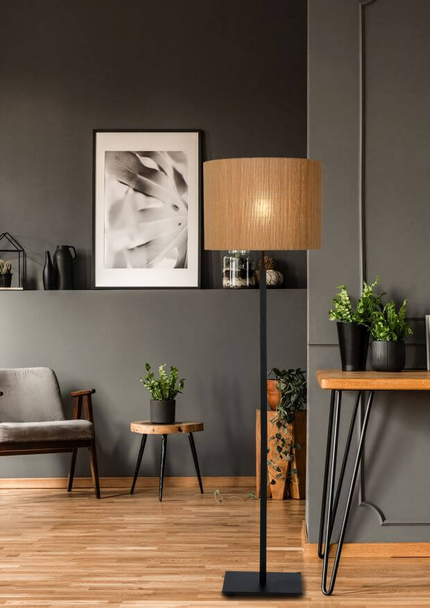 Lampadaire Magius bois clair et noir, rotin