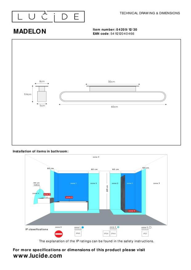 Schéma technique coté de l'applique et zones d'installation en salle de bain.