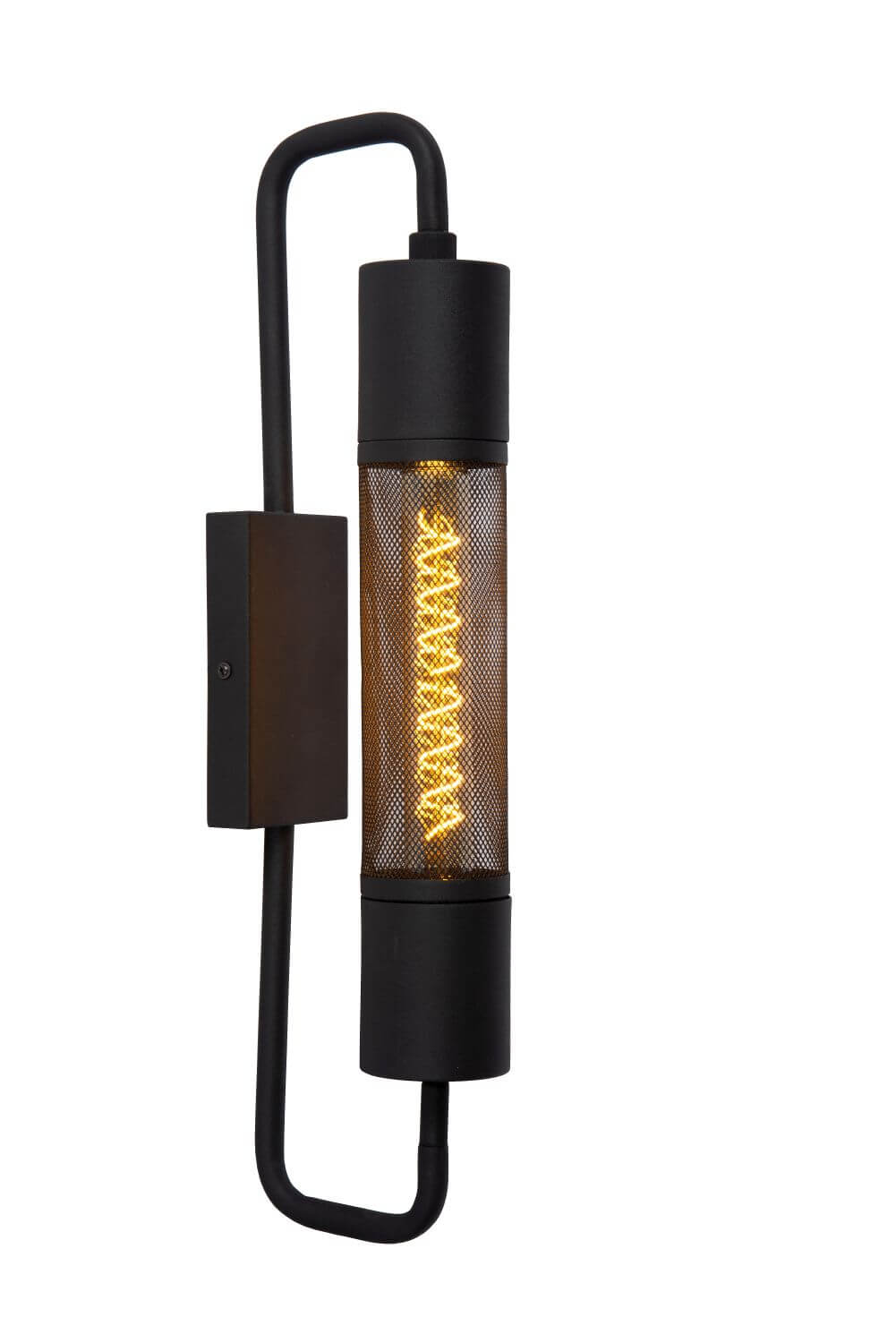 Produit de face sur fond blanc, applique noire avec cylindre grillagé et ampoule.