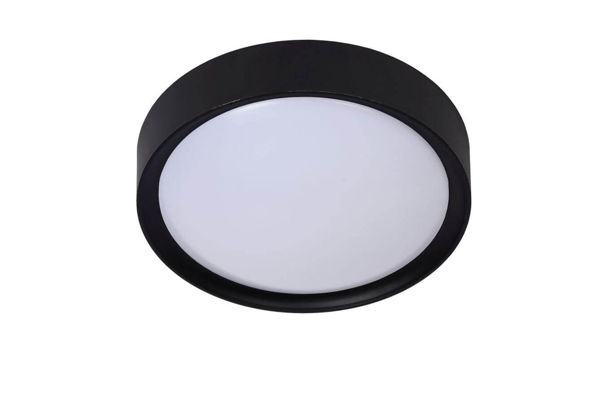 Luminaire éteint vu de face, verre opale blanc et cerclage noir mat