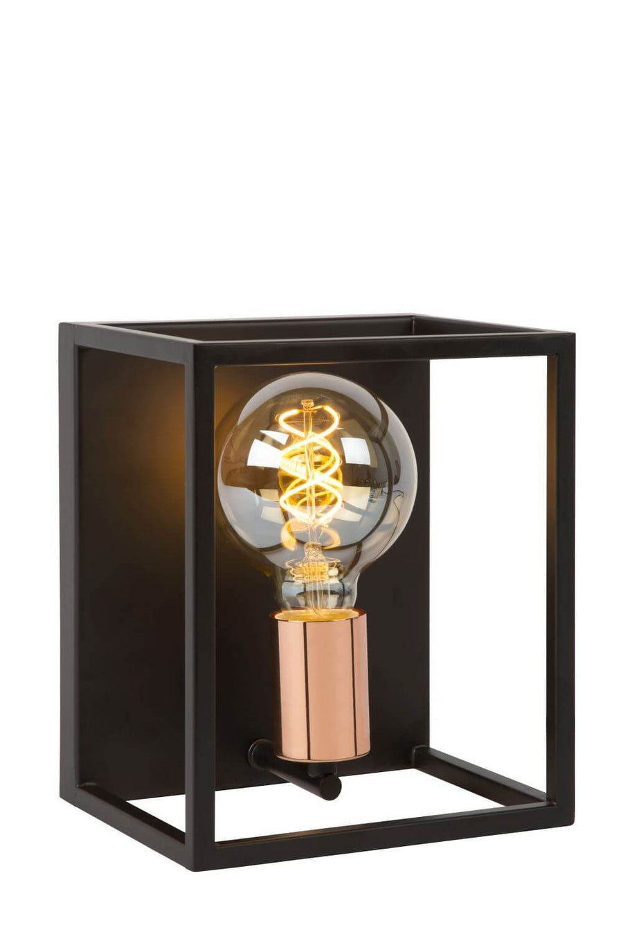 Vue trois quarts du luminaire noir à cadre carré avec douille cuivrée et ampoule spiralée