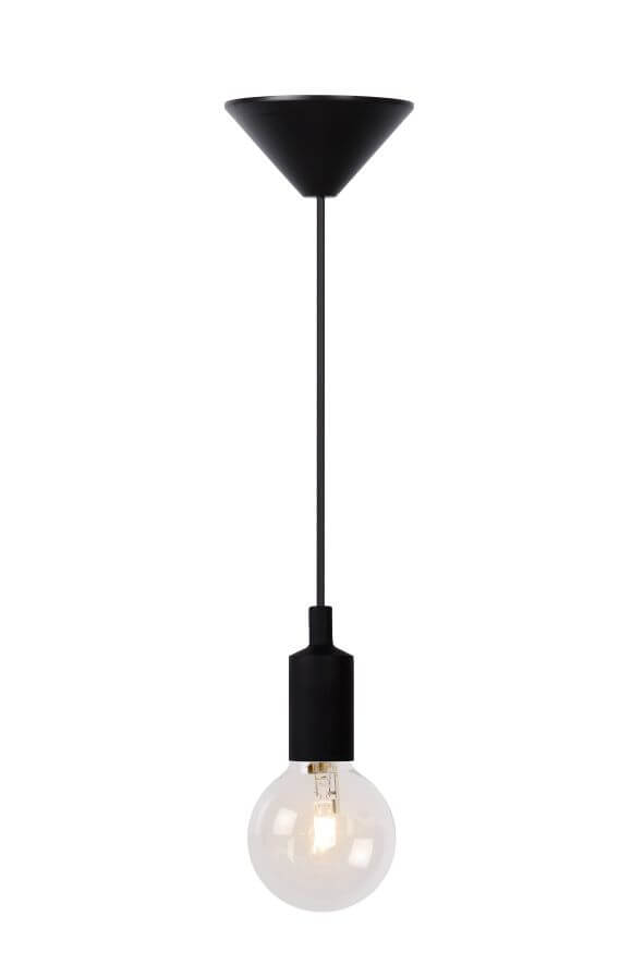 Produit seul sur fond blanc : suspension noire à douille cylindrique et ampoule ronde transparente.