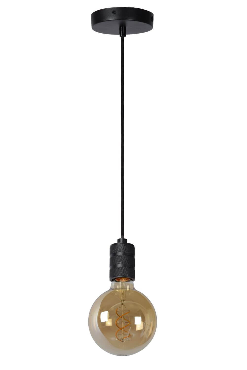 Second plan large de la suspension noire avec ampoule à filament