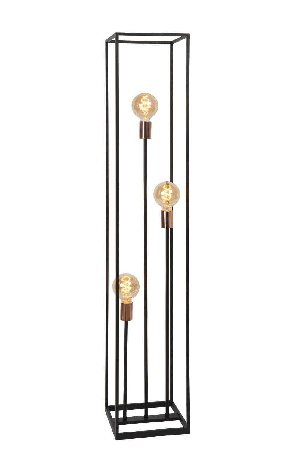 Lampadaire rectangulaire noir avec trois ampoules allumées sur fond blanc