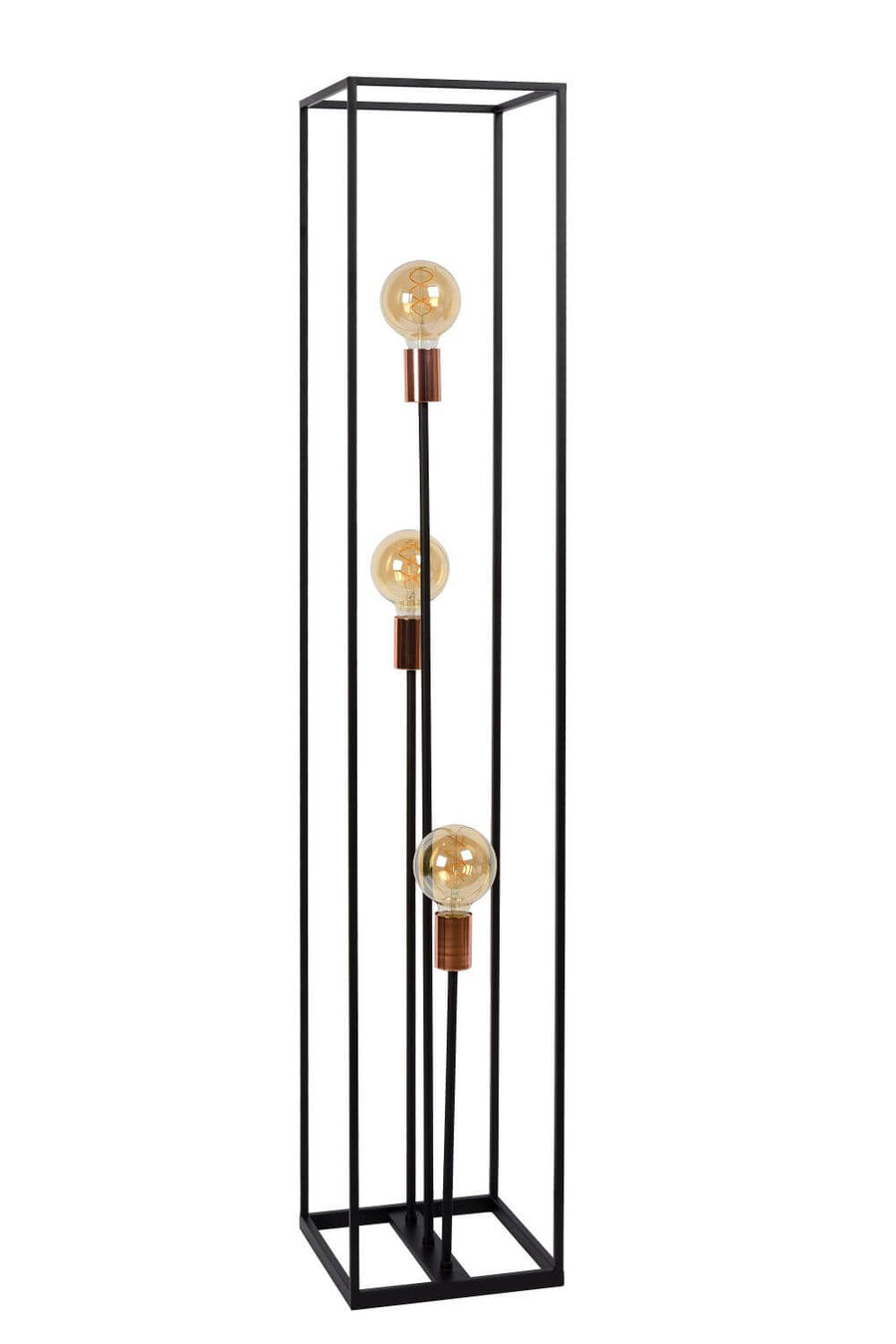 Lampadaire noir à structure carrée et douilles cuivrées, trois ampoules visibles