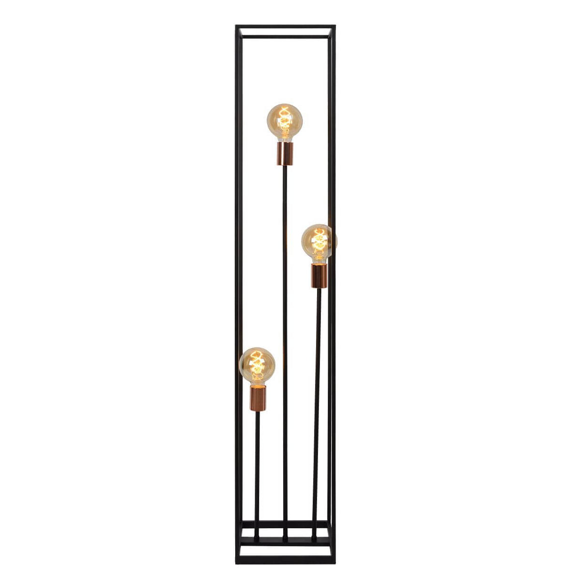 Face avant du lampadaire noir avec trois ampoules rondes transparentes
