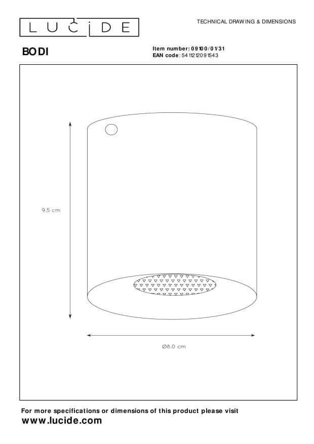 Schéma technique coté du plafonnier : hauteur 9,5 cm et diamètre 6 cm