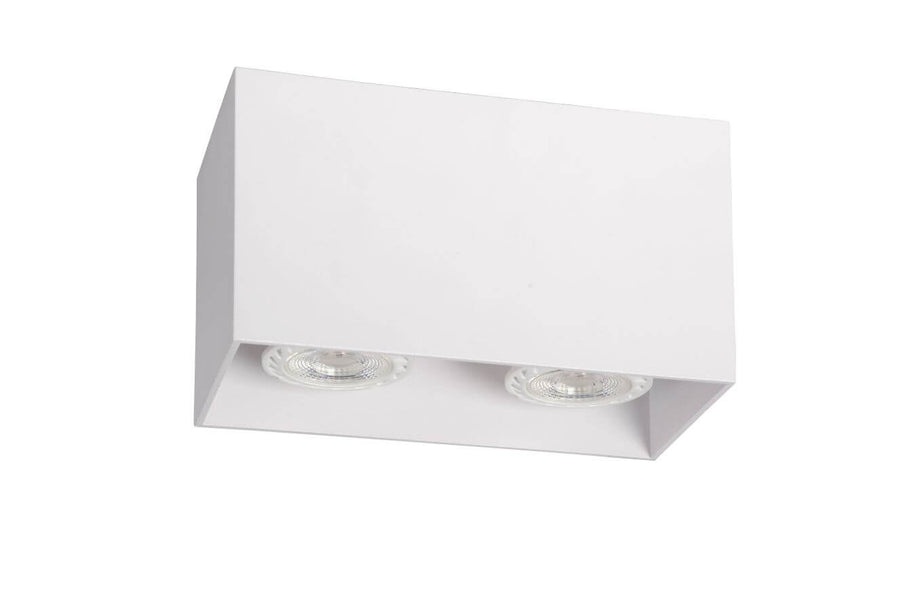 Autre angle du luminaire blanc montrant les deux réflecteurs des spots apparents