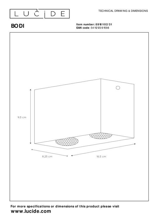 Schéma technique coté du boîtier blanc : hauteur 9,5 cm et largeur 16,5 cm
