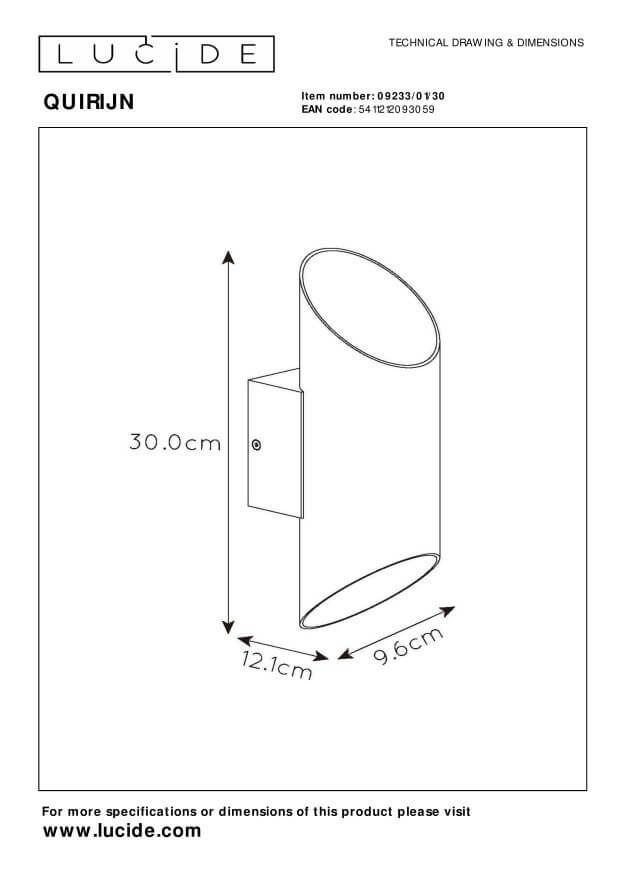 Schéma de dimensions avec hauteur, profondeur et largeur du luminaire