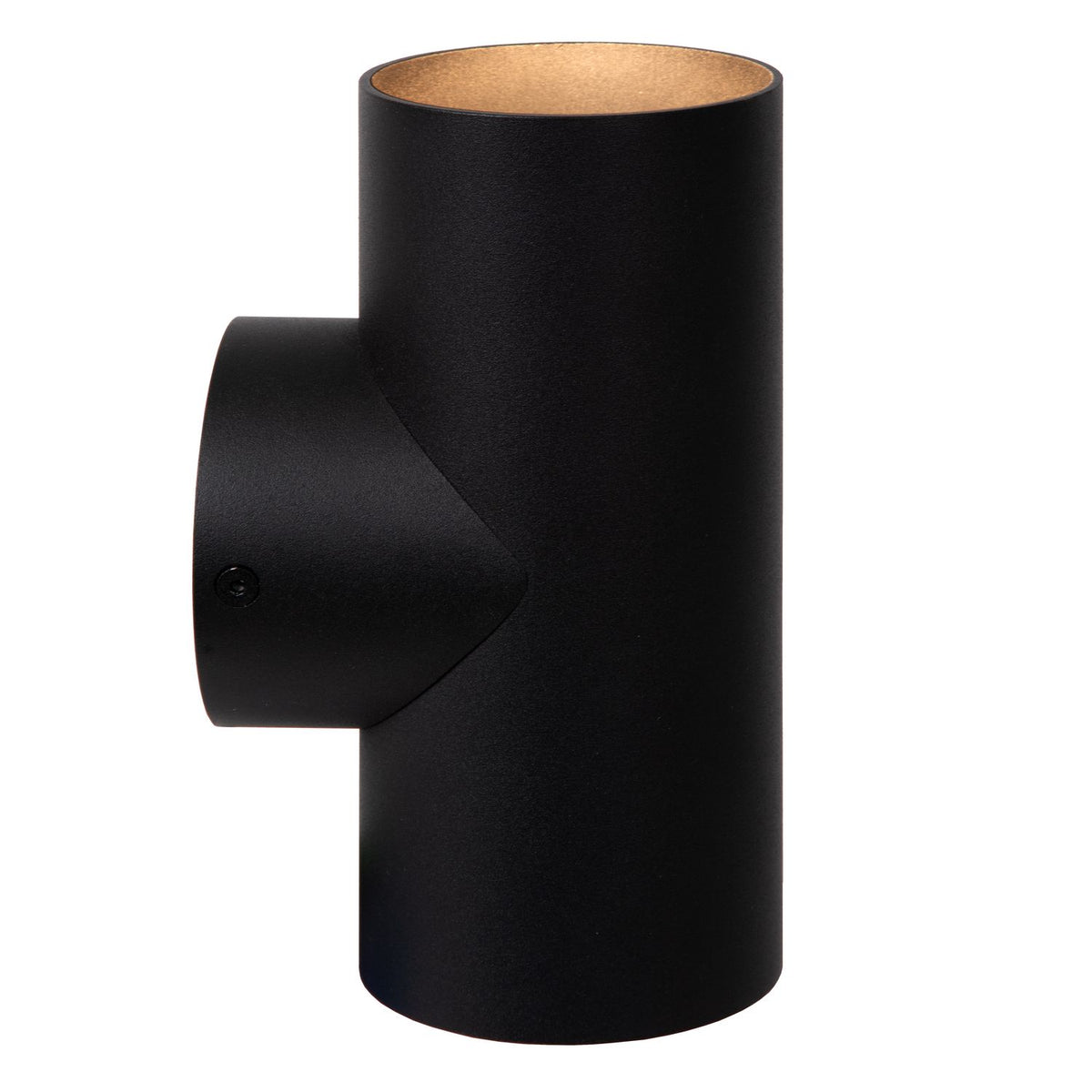 Produit de profil sur fond blanc, cylindre noir et platine de fixation ronde