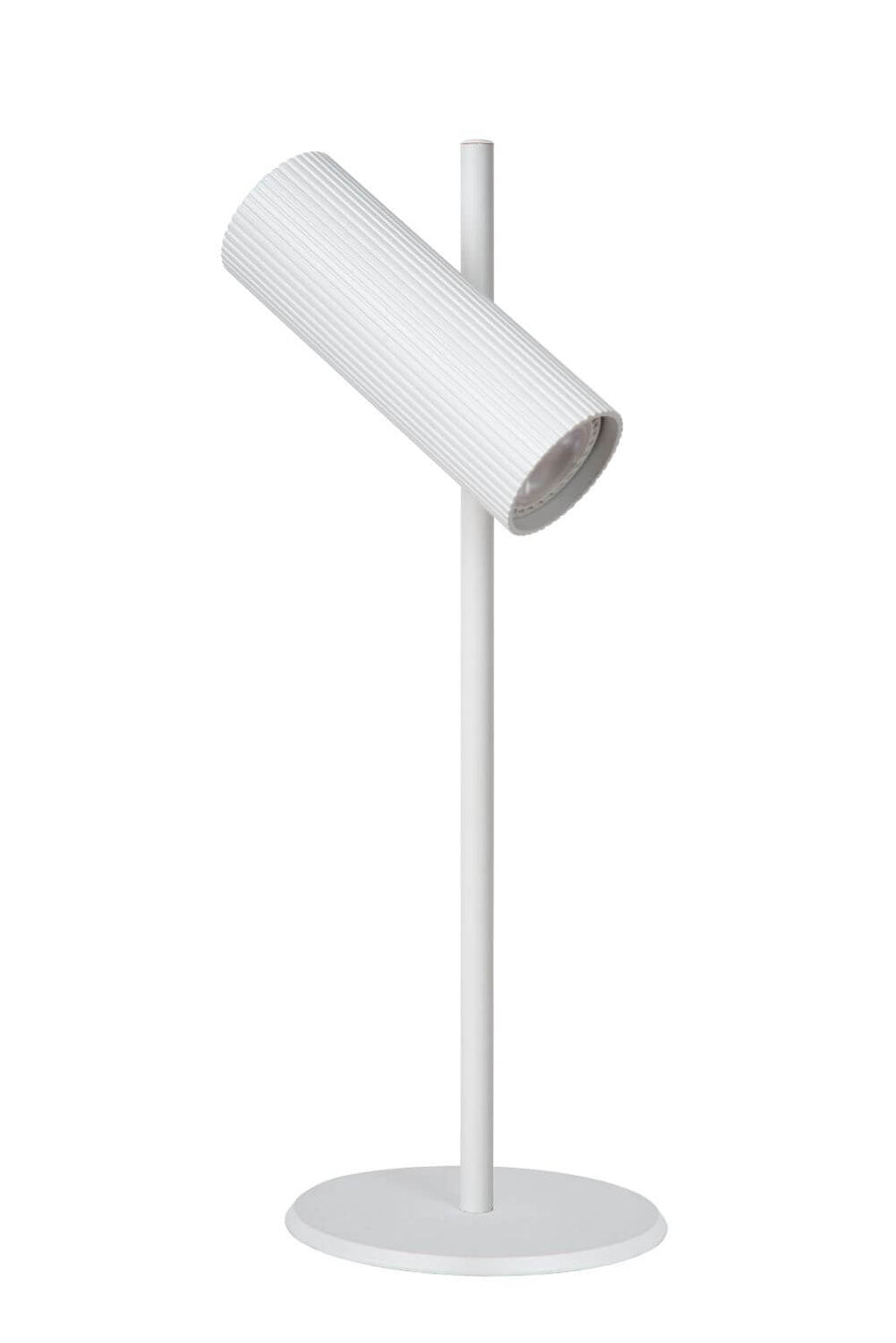 Profil de la lampe à poser, tête cylindrique cannelée inclinée vers le haut.