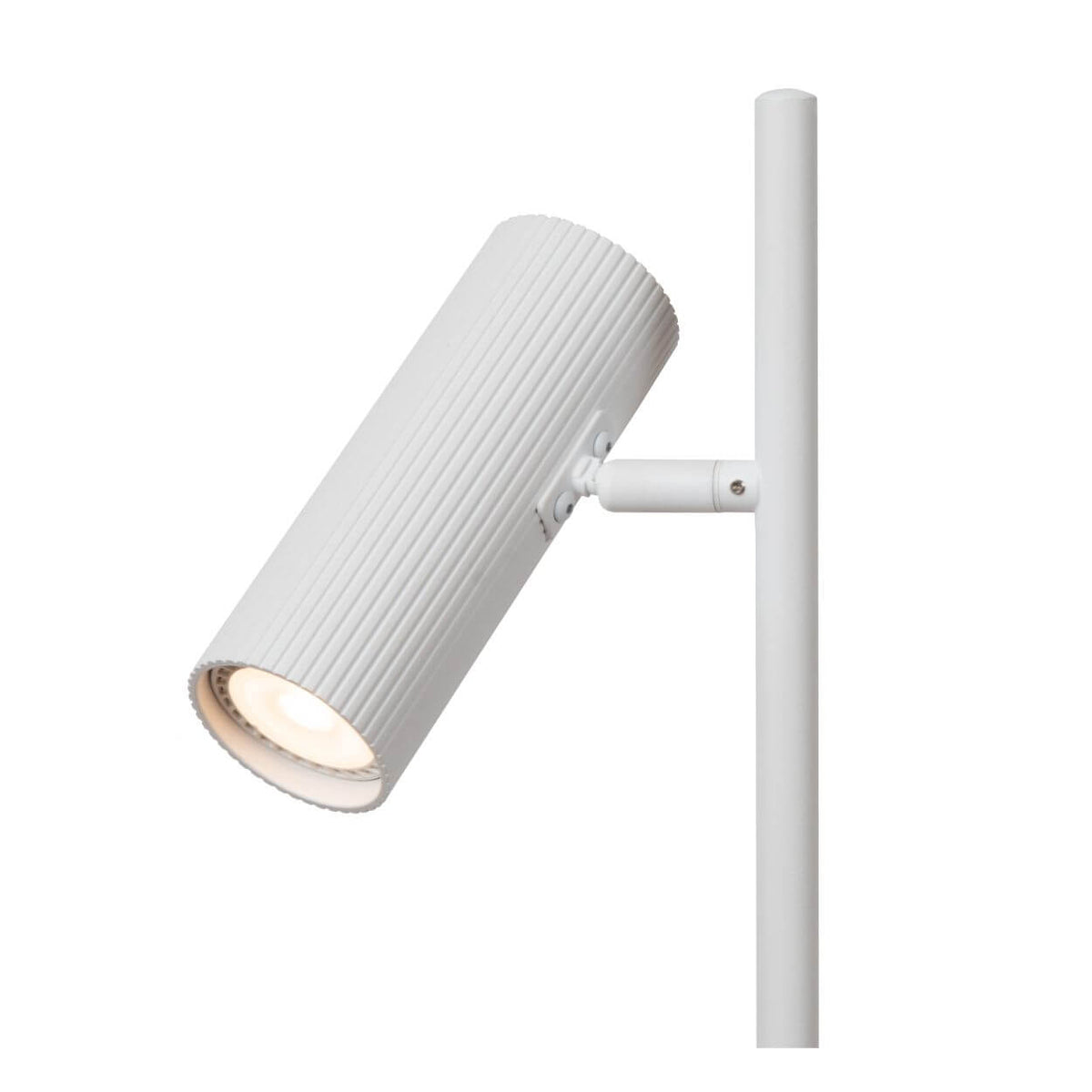 Détail de la tête cylindrique striée et de l'articulation orientable du luminaire.
