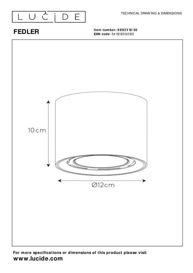 Dessin technique coté du plafonnier : hauteur 10 cm et diamètre 12 cm.