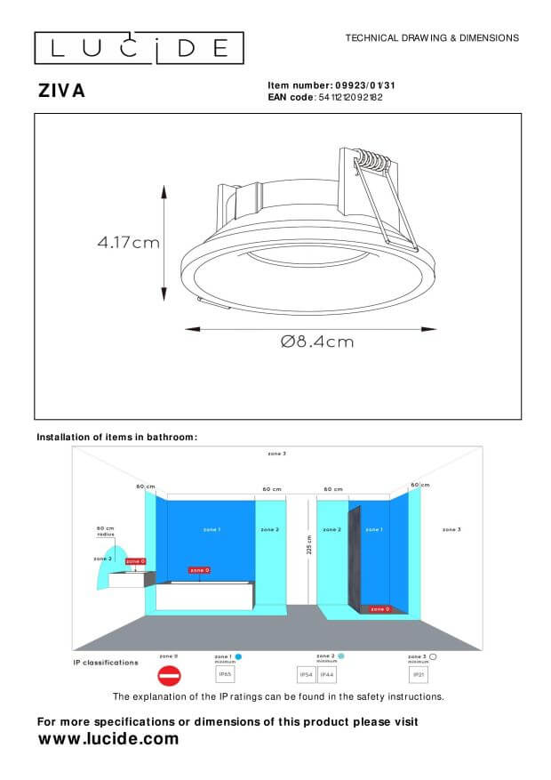 Schéma technique coté : hauteur 4,17 cm, diamètre 8,4 cm et zones de salle de bain.