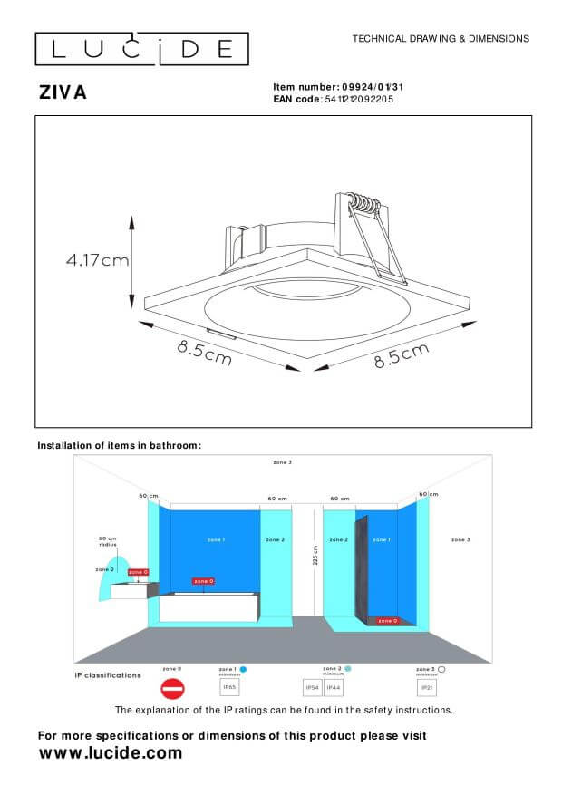 Schéma technique du spot avec cotes et zones d'installation en salle de bain