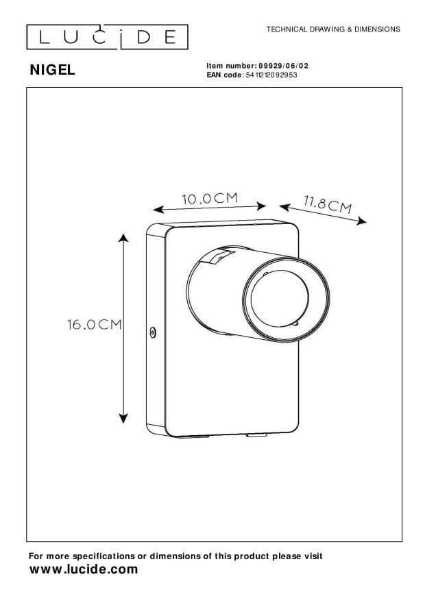 Schéma technique coté de l'applique indiquant hauteur, largeur et profondeur en centimètres.