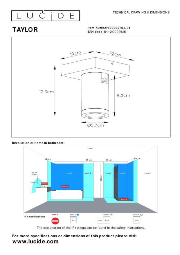 Schéma technique avec dimensions du plafonnier et zones de salle de bain