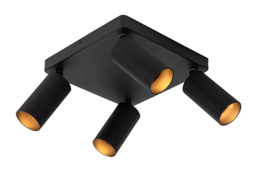 Autre angle du luminaire, montrant les quatre cylindres noirs striés fixés sur base carrée.