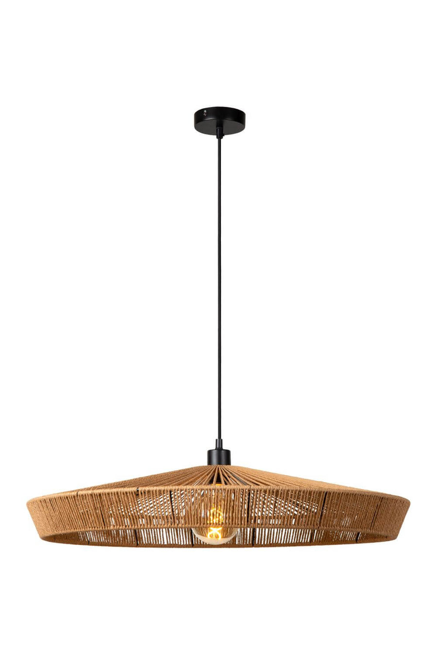 Vue de face du luminaire sur fond blanc avec cordon noir et abat-jour conique