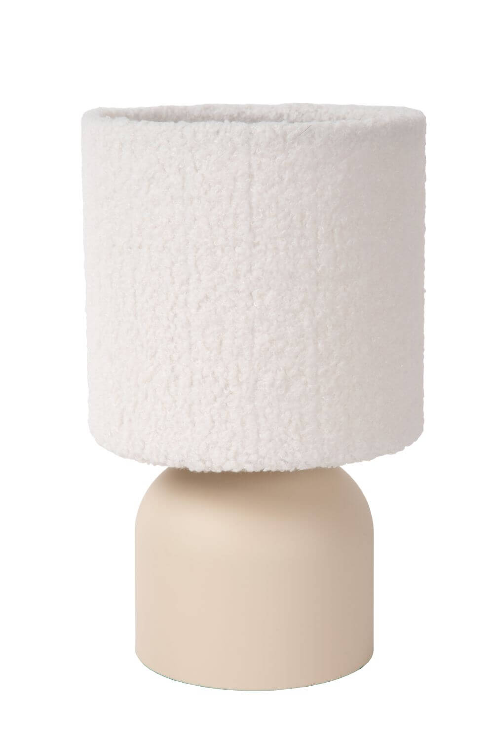 Produit éteint sur fond blanc, abat-jour en coton bouclé blanc cassé
