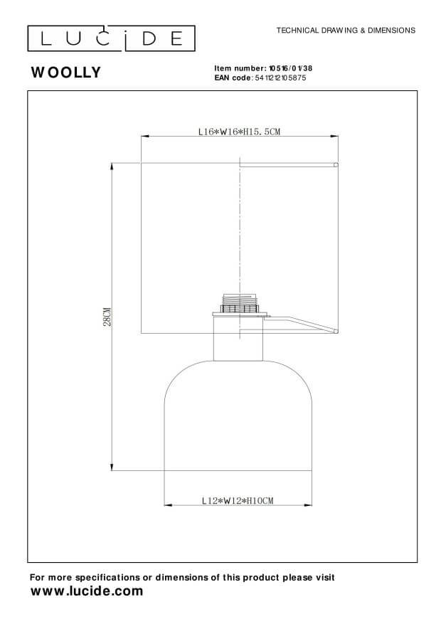 Schéma technique coté avec dimensions de l'abat-jour et du socle