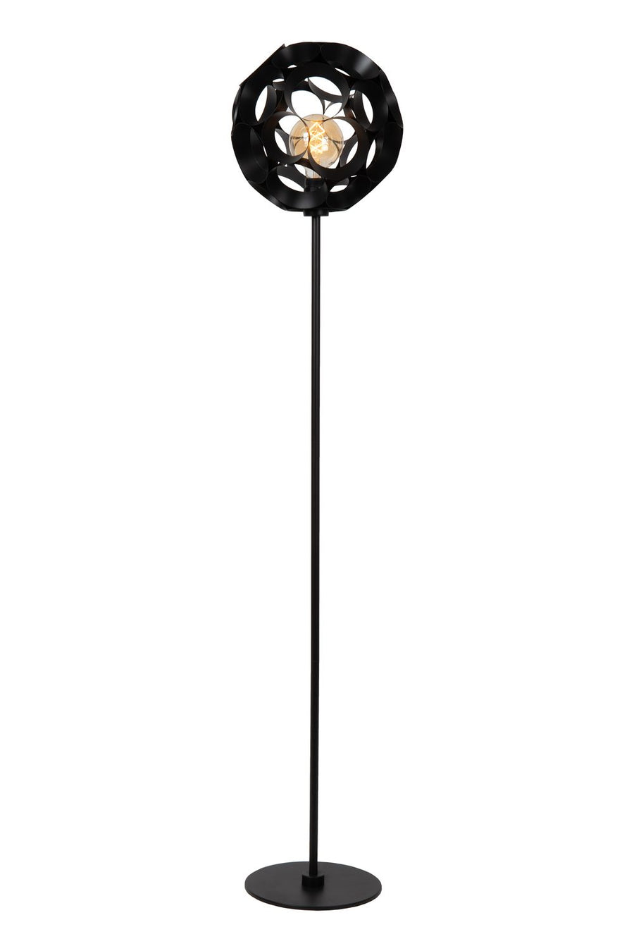 Lampadaire noir sur fond blanc, pied fin et abat-jour métallique ajouré
