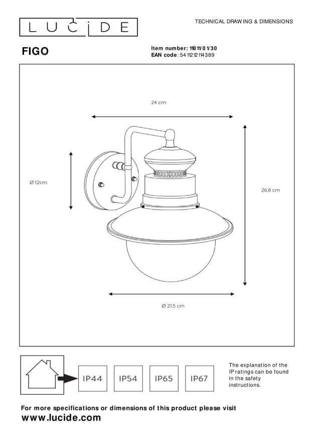 Schéma technique coté indiquant dimensions, diamètre de rosace et indice IP44