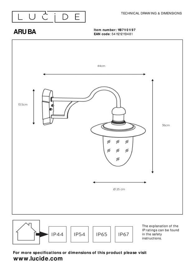 Schéma technique avec cotes de l'applique extérieure, dimensions et indice IP44.